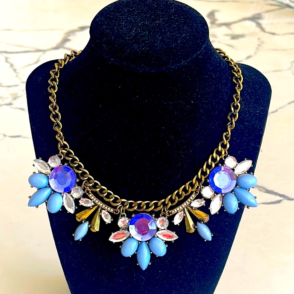 Aldo Turquoise Blue Enamel and Crystal Statement Necklace-20” Total Length